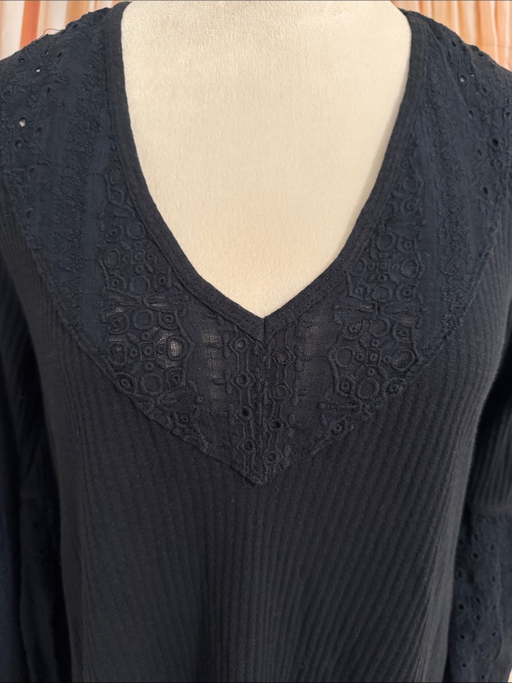Free People Navy Blue Ribbed V-Neck Long Sleeve Top with Lace Insets - Picture 5 of 7